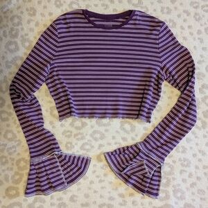 Striped Purple Flare Long Sleeve Crop T-shirt Medium